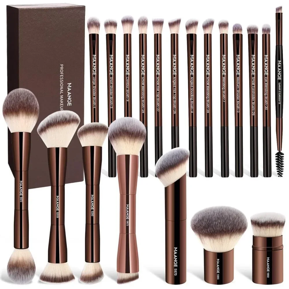 Maange 20 Pcs Brown Double-End Multi-functional Makeup Brushes With Gift Box